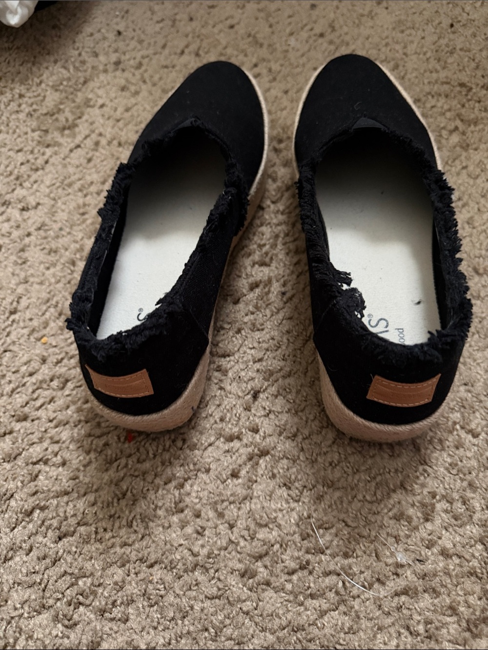 Toms Black Frayed Canvas Slip-On Flats with Tan Heel Patch